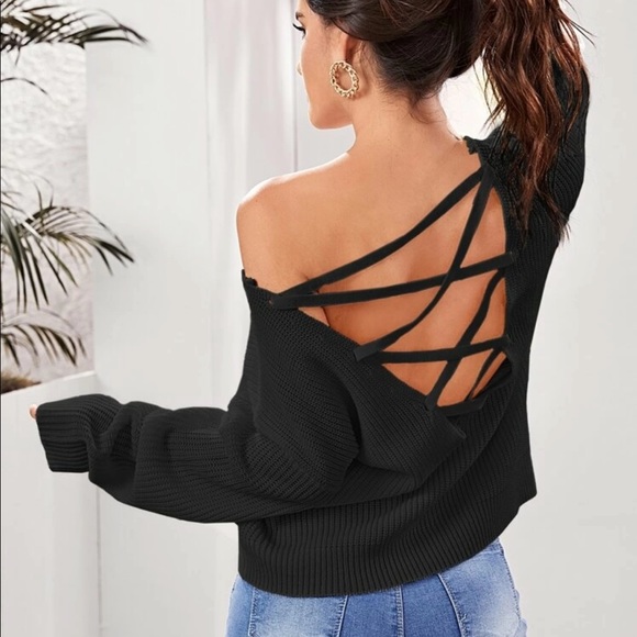 Lace up back knit sweater backless cream - Picture 4 of 11